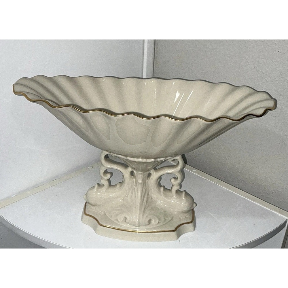 Vtg LENOX Neptune Footed Centerpiece Aquarius Dolphin Pedestal Bowl 24k Trim